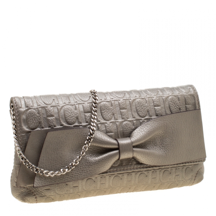 مملوكة مسبقًا Carolina Herrera Light Grey Leather Bow Shoulder Bag