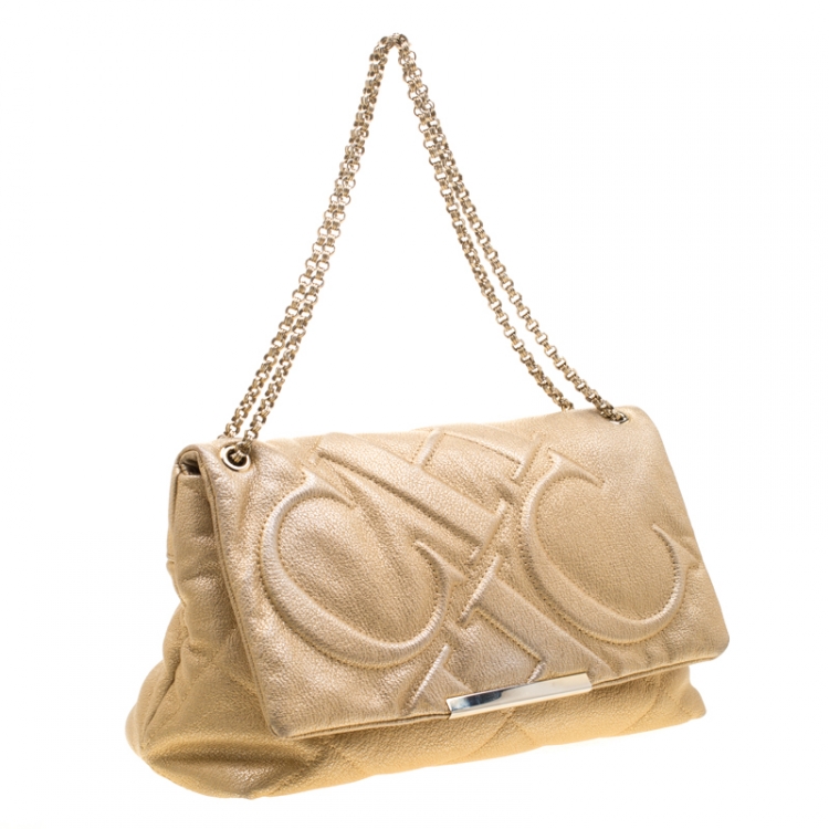 Pre Owned Carolina Herrera Gold Mettalic Quilted Leather Flap Chain Shoulder Bag