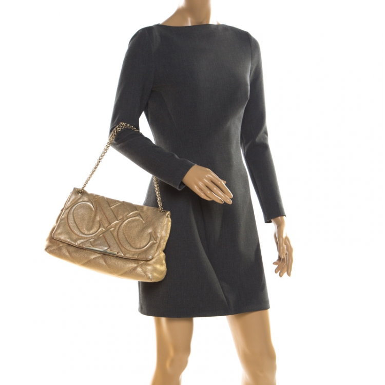 Pre Owned Carolina Herrera Gold Mettalic Quilted Leather Flap Chain Shoulder Bag