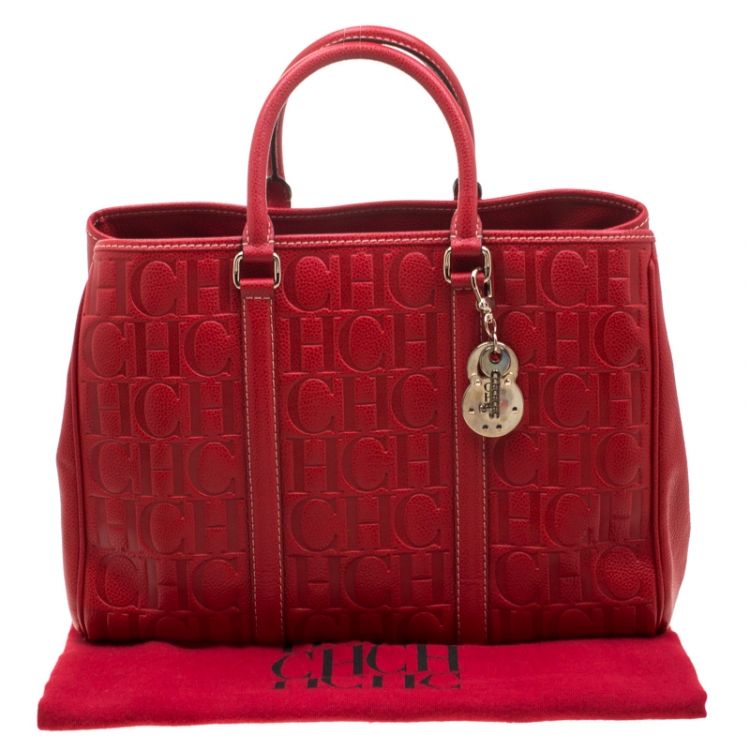 Pre Owned Carolina Herrera Red Monogram Leather Matteo Tote