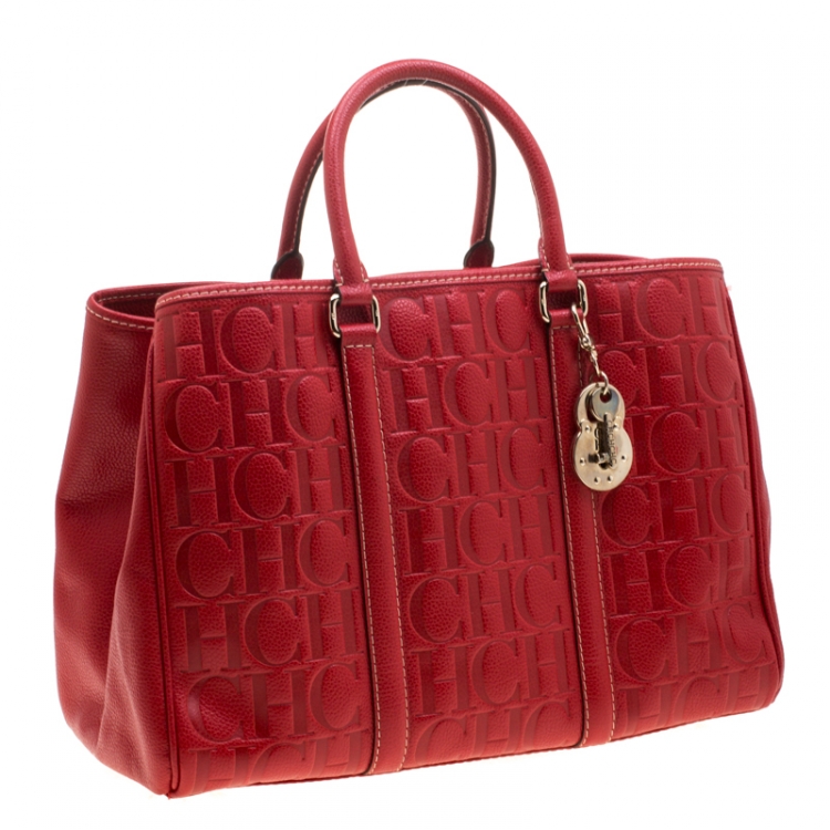 Pre Owned Carolina Herrera Red Monogram Leather Matteo Tote