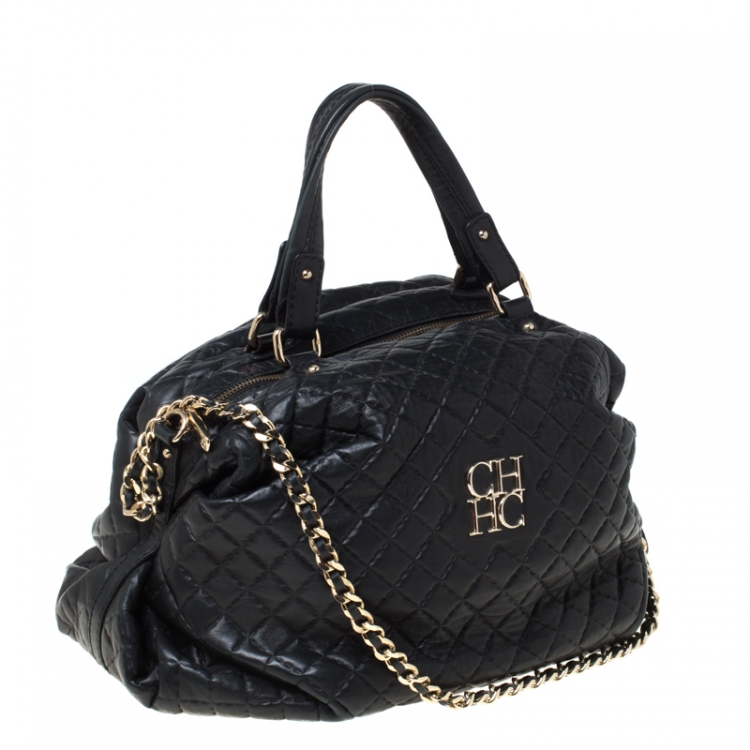 Pre Owned Carolina Herrera Black Quilted Leather Chain Satchel