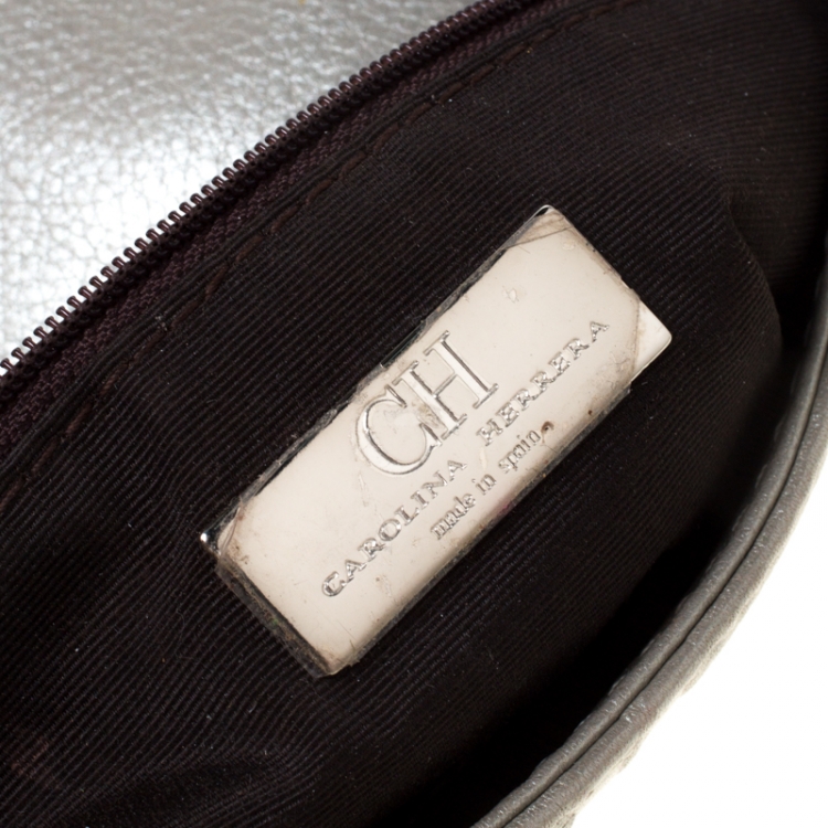 Pre Owned Carolina Herrera Silver Metallic Monogram Leather Audrey Shoulder Bag