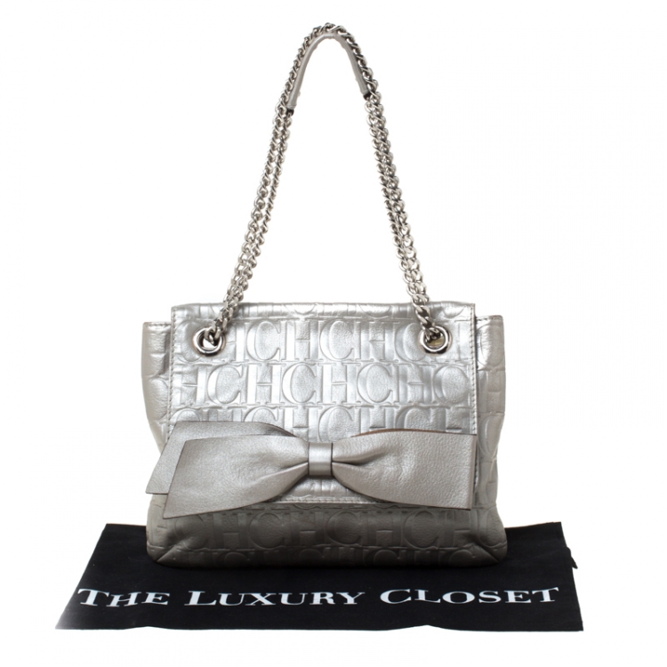 Pre Owned Carolina Herrera Silver Metallic Monogram Leather Audrey Shoulder Bag