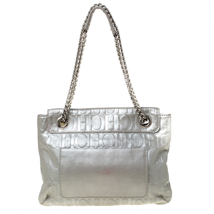 Pre Owned Carolina Herrera Silver Metallic Monogram Leather Audrey Shoulder Bag