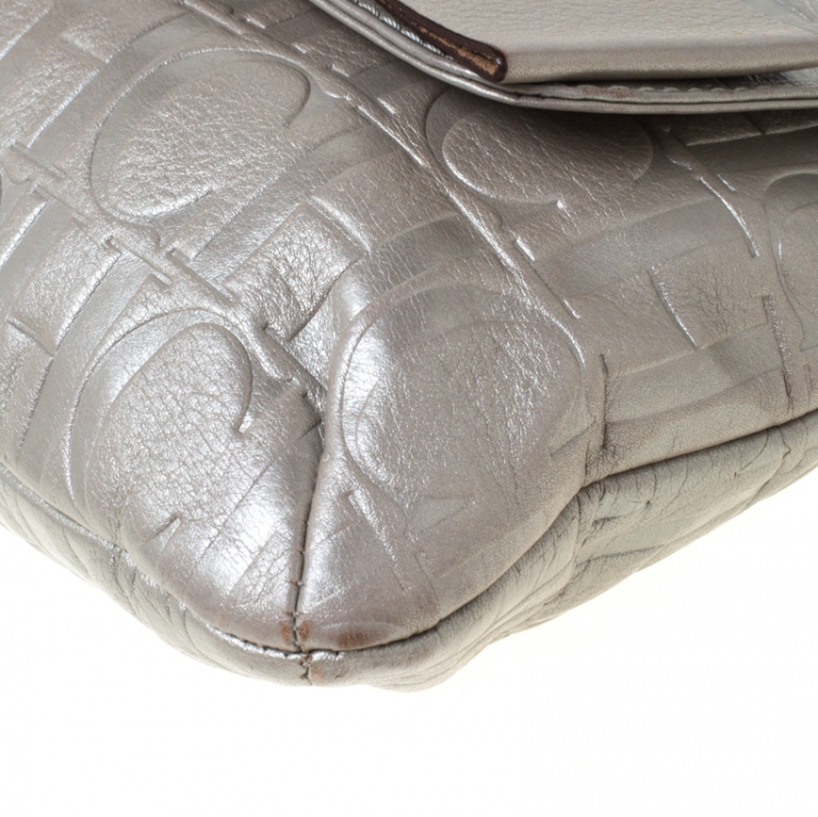 Pre Owned Carolina Herrera Silver Metallic Monogram Leather Audrey Shoulder Bag