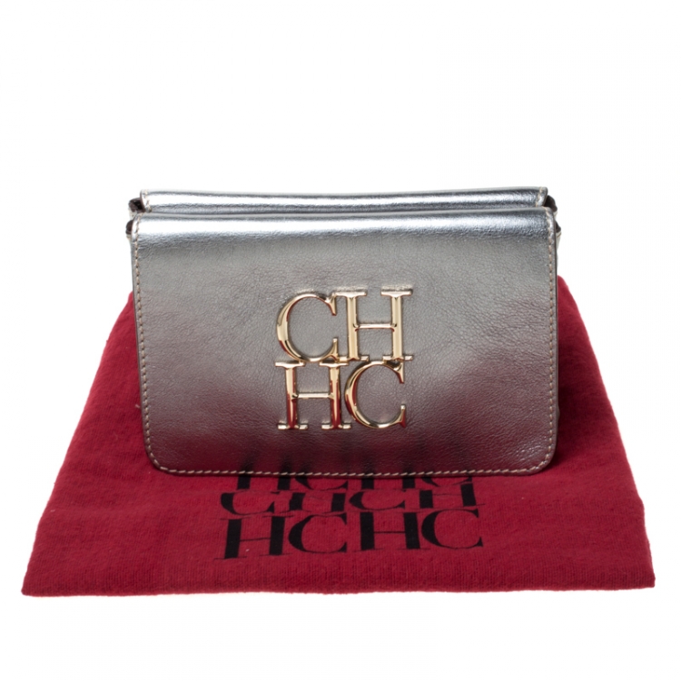 Pre Owned Carolina Herrera Silver Leather Clutch