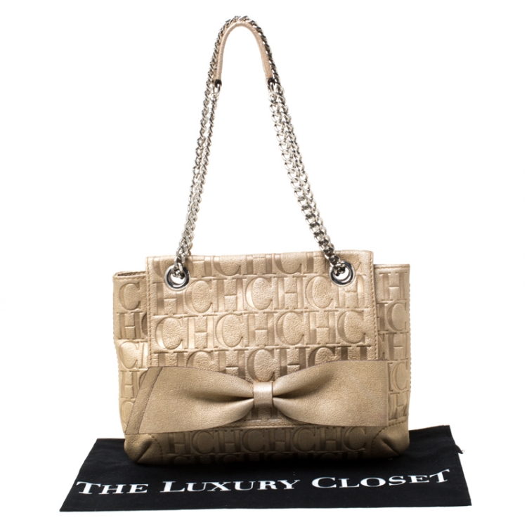 Pre Owned Carolina Herrera Metallic Gold Monogram Leather Audrey Shoulder Bag