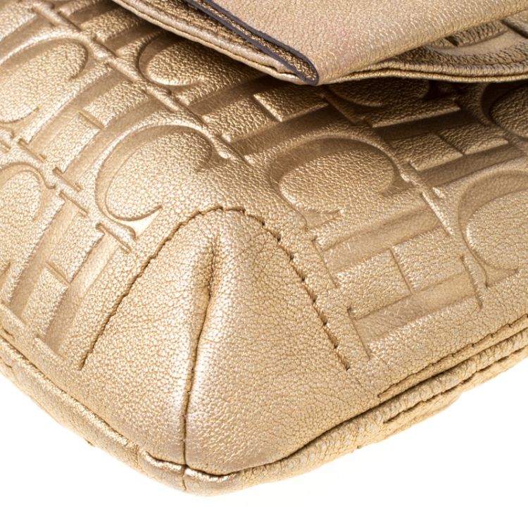 Pre Owned Carolina Herrera Metallic Gold Monogram Leather Audrey Shoulder Bag