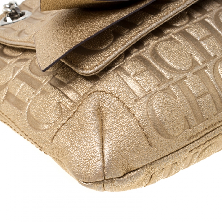 Pre Owned Carolina Herrera Metallic Gold Monogram Leather Audrey Shoulder Bag