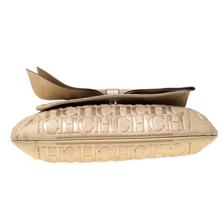 Pre Owned Carolina Herrera Metallic Gold Monogram Leather Audrey Shoulder Bag