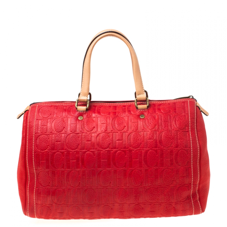 Pre Owned Carolina Herrera Red Leather Large Andy Boston Bag