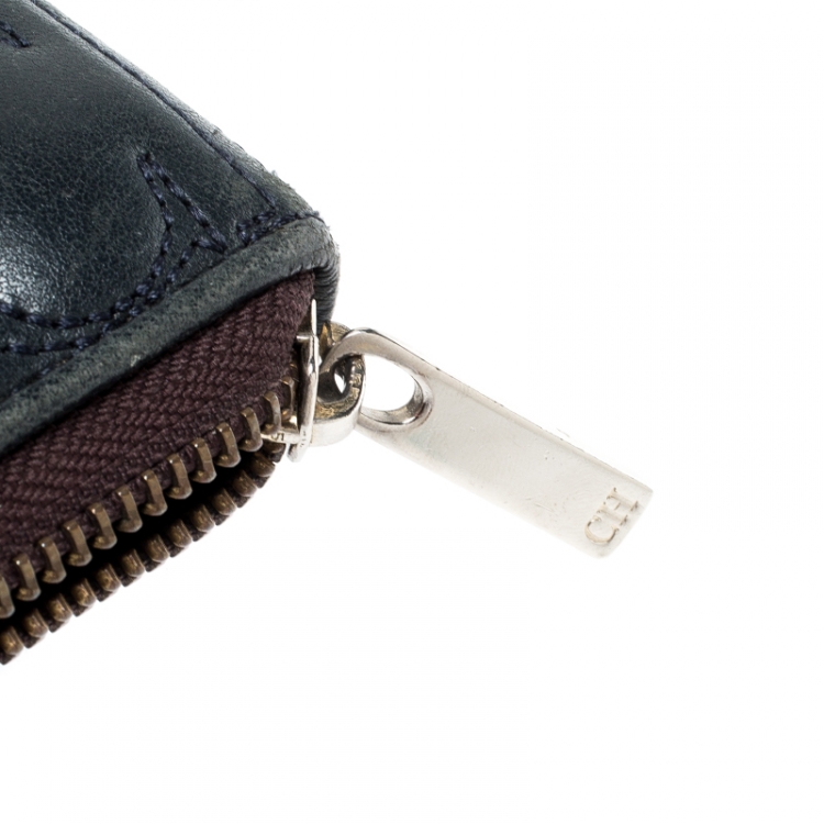 Pre Owned Carolina Herrera Navy Blue Monogram Leather Zip Around Wallet