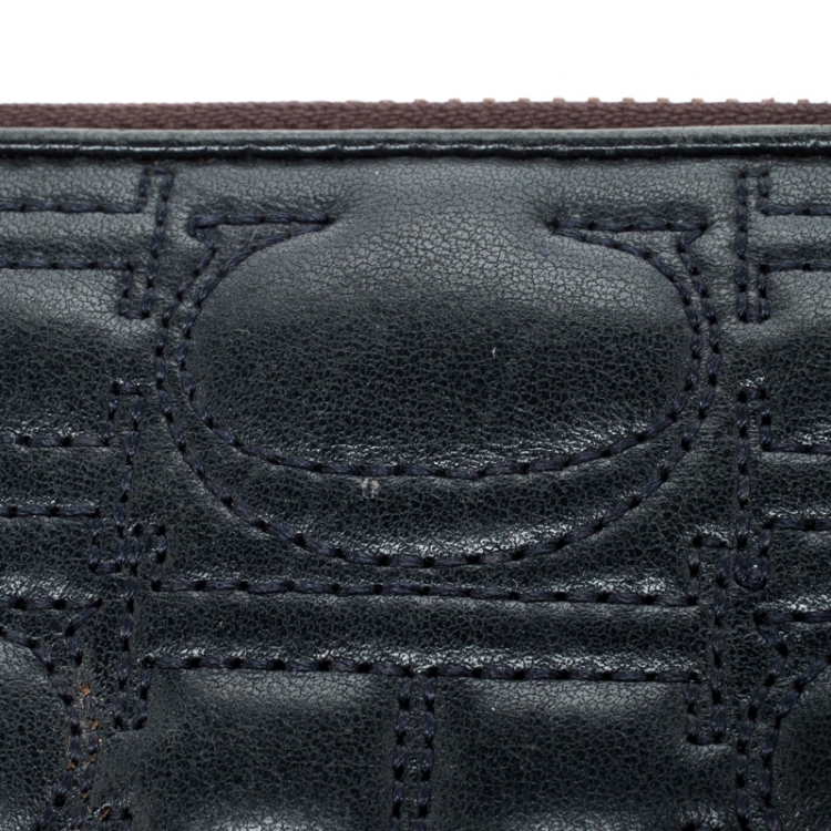 Pre Owned Carolina Herrera Navy Blue Monogram Leather Zip Around Wallet