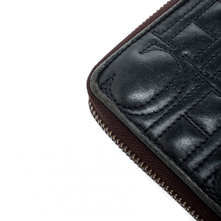 Pre Owned Carolina Herrera Navy Blue Monogram Leather Zip Around Wallet