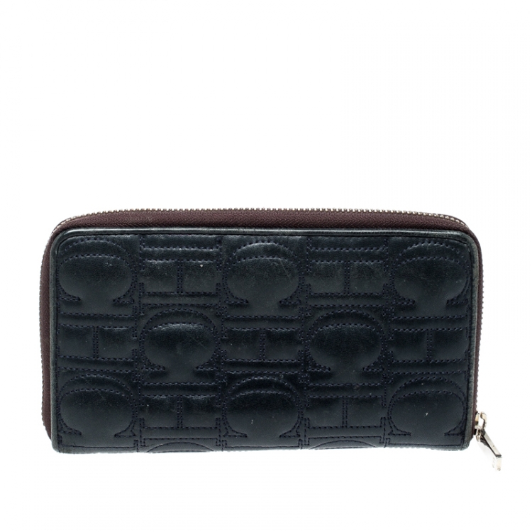 Pre Owned Carolina Herrera Navy Blue Monogram Leather Zip Around Wallet