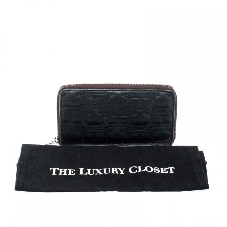 Pre Owned Carolina Herrera Navy Blue Monogram Leather Zip Around Wallet