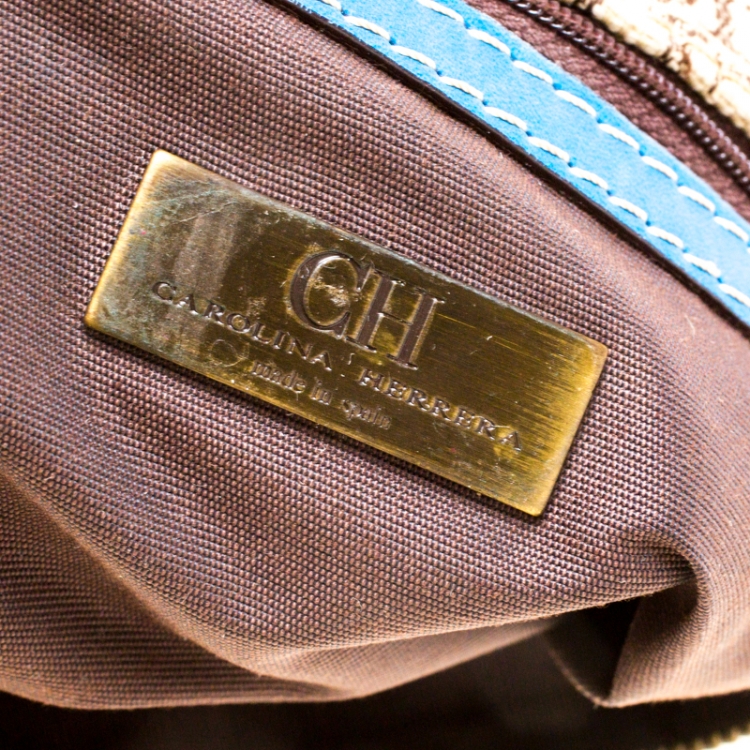 Pre Owned Carolina Herrera Beige Multicolor Canvas Andy Boston Bag