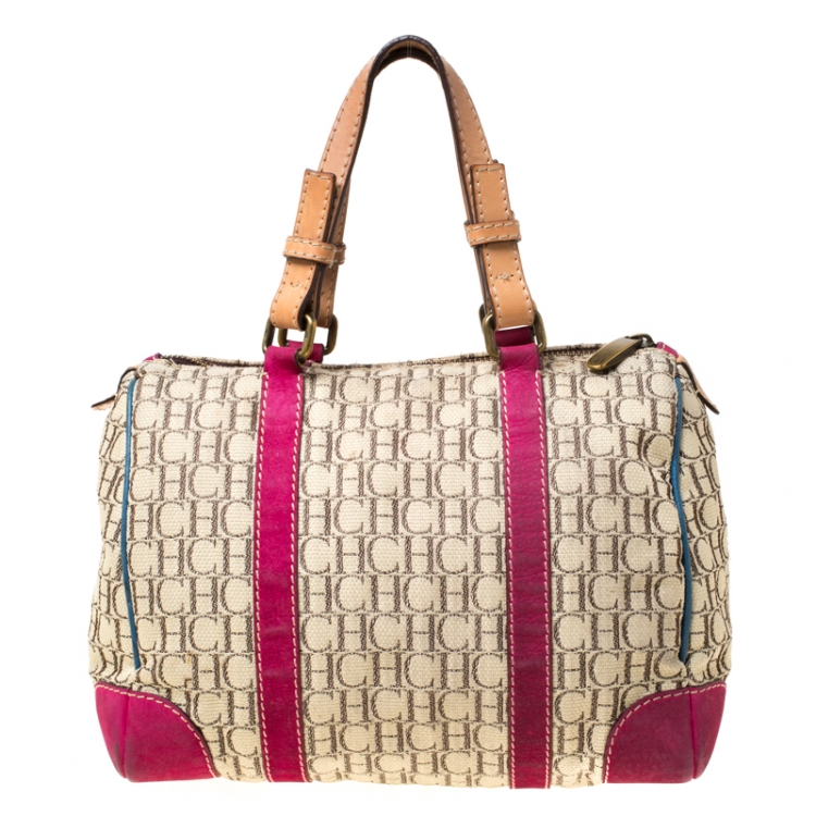 Pre Owned Carolina Herrera Beige Multicolor Canvas Andy Boston Bag