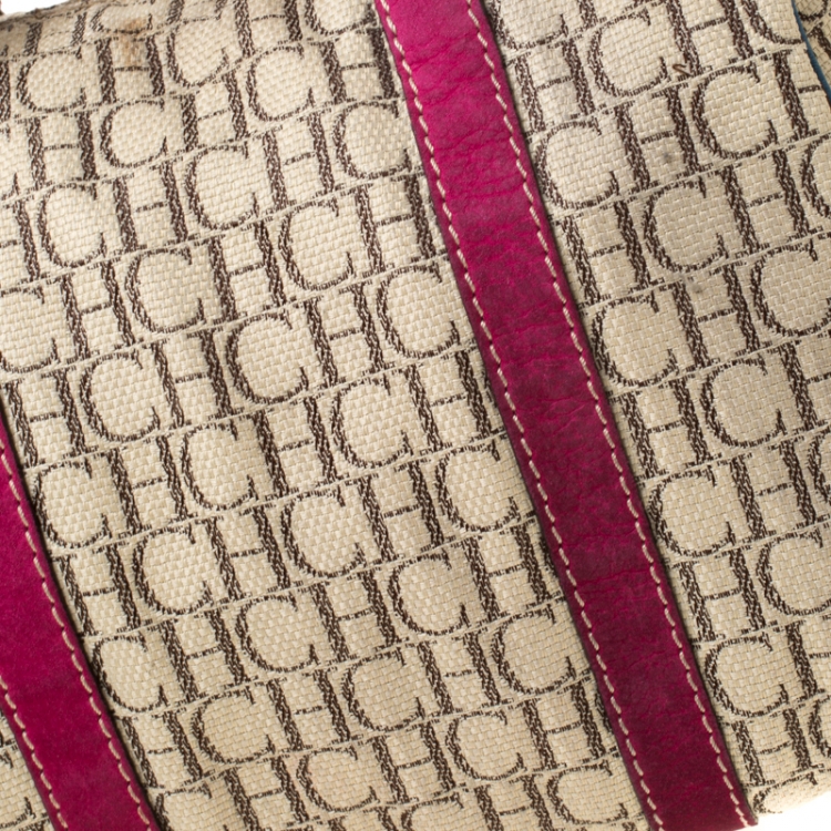 Pre Owned Carolina Herrera Beige Multicolor Canvas Andy Boston Bag