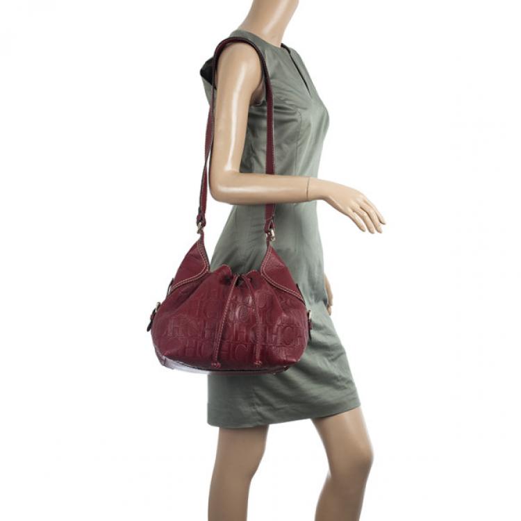 Pre Owned Carolina Herrera Embossed Drawstring Hobo