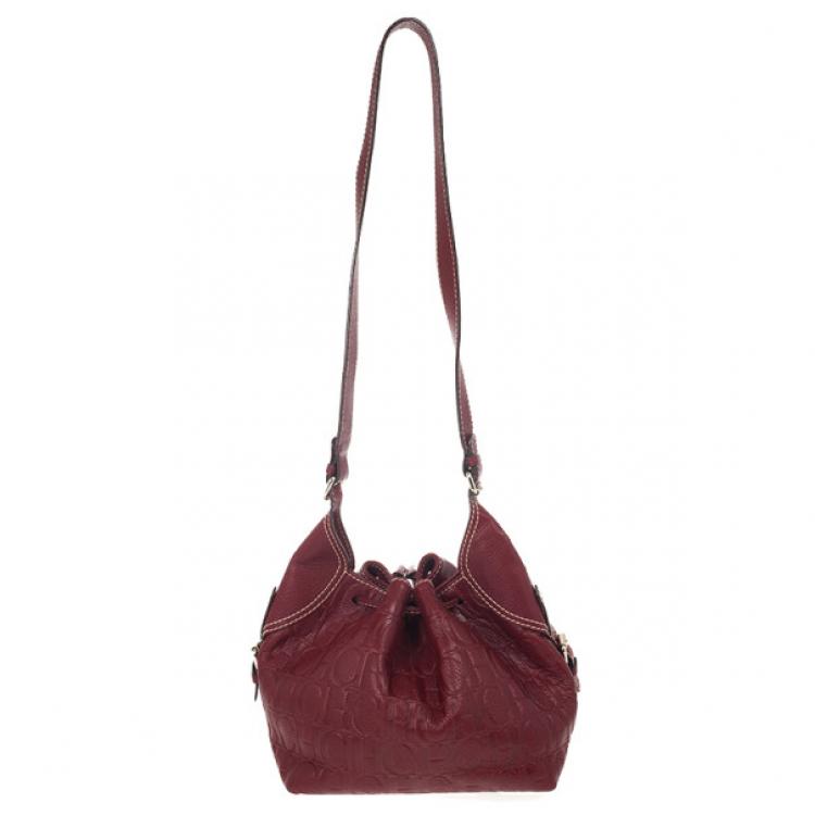 Pre Owned Carolina Herrera Embossed Drawstring Hobo