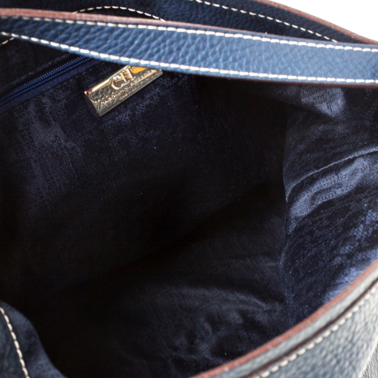 Pre Owned Carolina Hererra Navy Blue Pebbled Leather Hobo