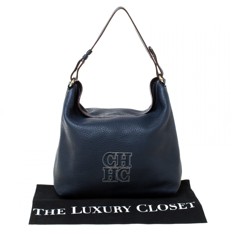 Pre Owned Carolina Hererra Navy Blue Pebbled Leather Hobo