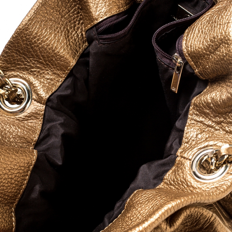 Pre Owned Carolina Herrera Gold Embossed Leather Bow Bucket Shoulder Bag