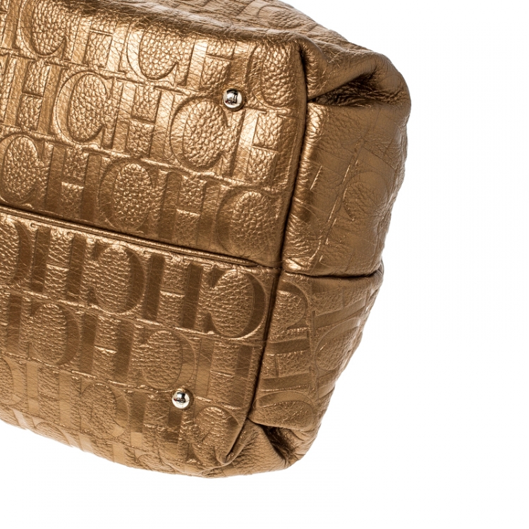 Pre Owned Carolina Herrera Gold Embossed Leather Bow Bucket Shoulder Bag