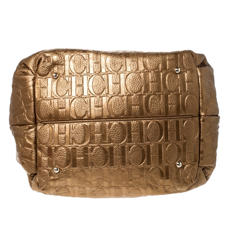 Pre Owned Carolina Herrera Gold Embossed Leather Bow Bucket Shoulder Bag