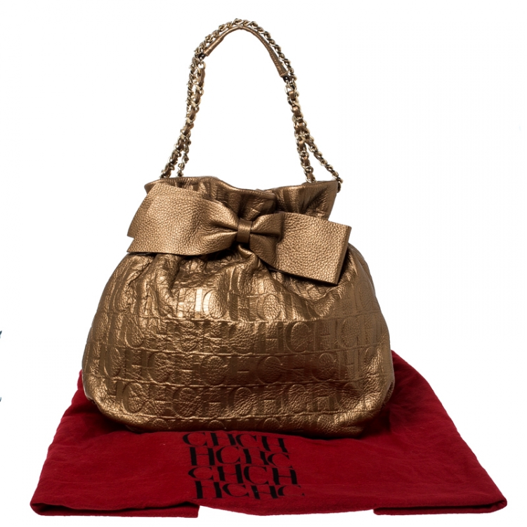 Pre Owned Carolina Herrera Gold Embossed Leather Bow Bucket Shoulder Bag