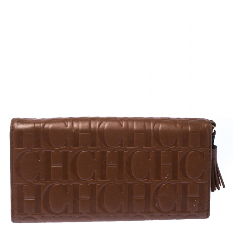 Pre Owned Carolina Herrera Brown Monogram Leather Tassel Continental Wallet