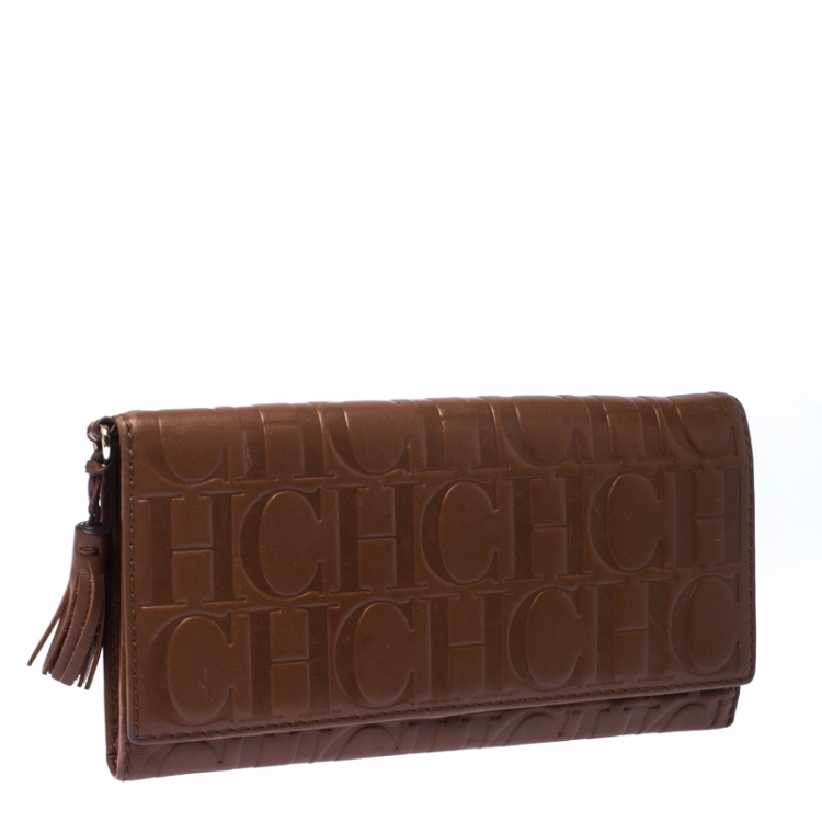 Pre Owned Carolina Herrera Brown Monogram Leather Tassel Continental Wallet