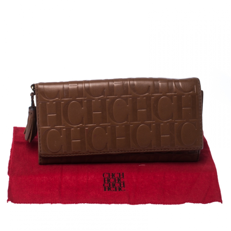 Pre Owned Carolina Herrera Brown Monogram Leather Tassel Continental Wallet