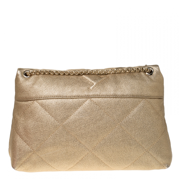Pre Owned Carolina Herrera Gold Quilted Leather Flap Chain Shoulder Bag