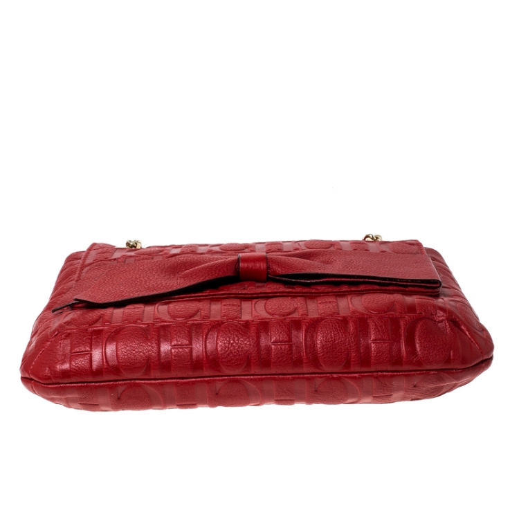 Pre Owned Carolina Herrera Red Monogram Leather Audrey Shoulder Bag