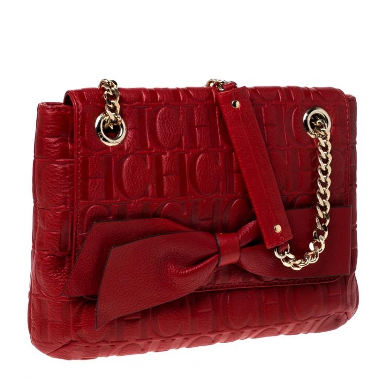 Pre Owned Carolina Herrera Red Monogram Leather Audrey Shoulder Bag