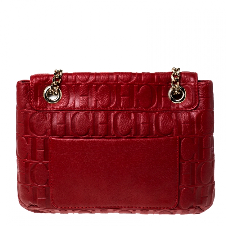 Pre Owned Carolina Herrera Red Monogram Leather Audrey Shoulder Bag