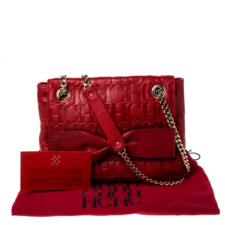 Pre Owned Carolina Herrera Red Monogram Leather Audrey Shoulder Bag