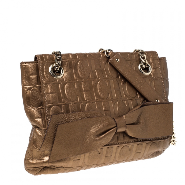 Pre Owned Carolina Herrera Bronze Monogram Leather Audrey Shoulder Bag