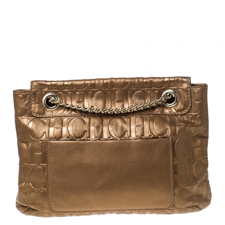 Pre Owned Carolina Herrera Bronze Monogram Leather Audrey Shoulder Bag