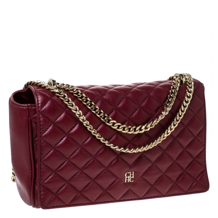 Pre Owned Carolina Herrera Red Quilted Leather Flap Chain Shoulder Bag