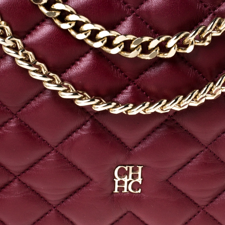 Pre Owned Carolina Herrera Red Quilted Leather Flap Chain Shoulder Bag