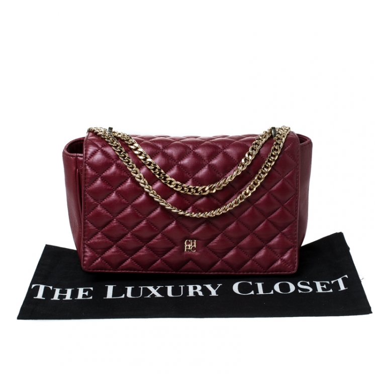Pre Owned Carolina Herrera Red Quilted Leather Flap Chain Shoulder Bag