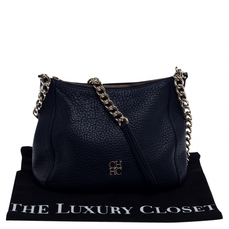Pre Owned Carolina Herrera Navy Blue Pebbled Leather Maria Shoulder Bag