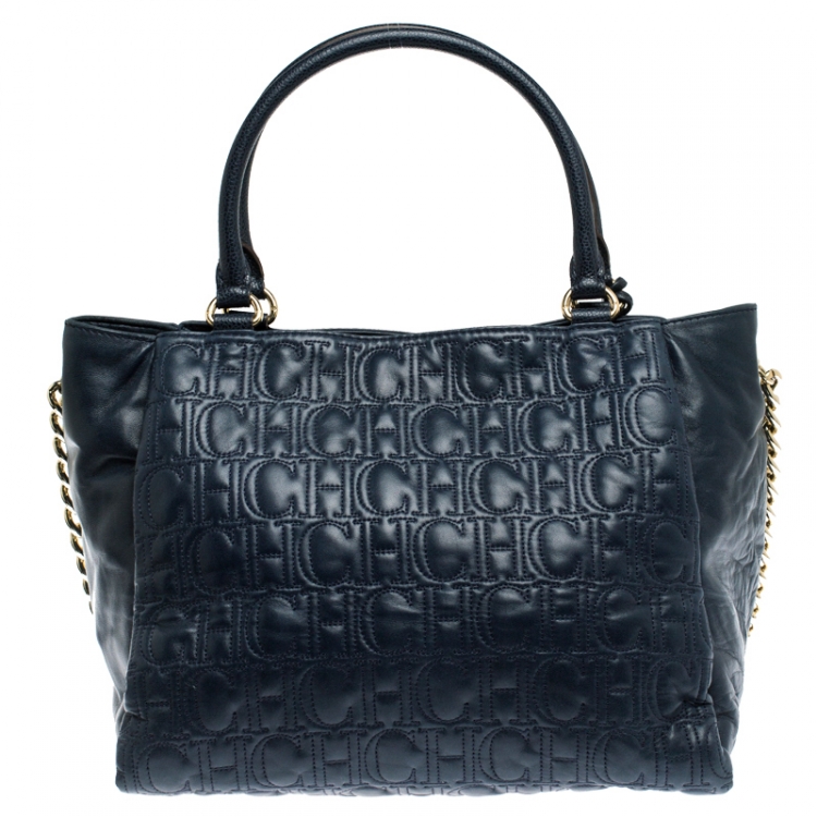 Pre Owned Carolina Herrera Navy Blue Monogram Leather Tote