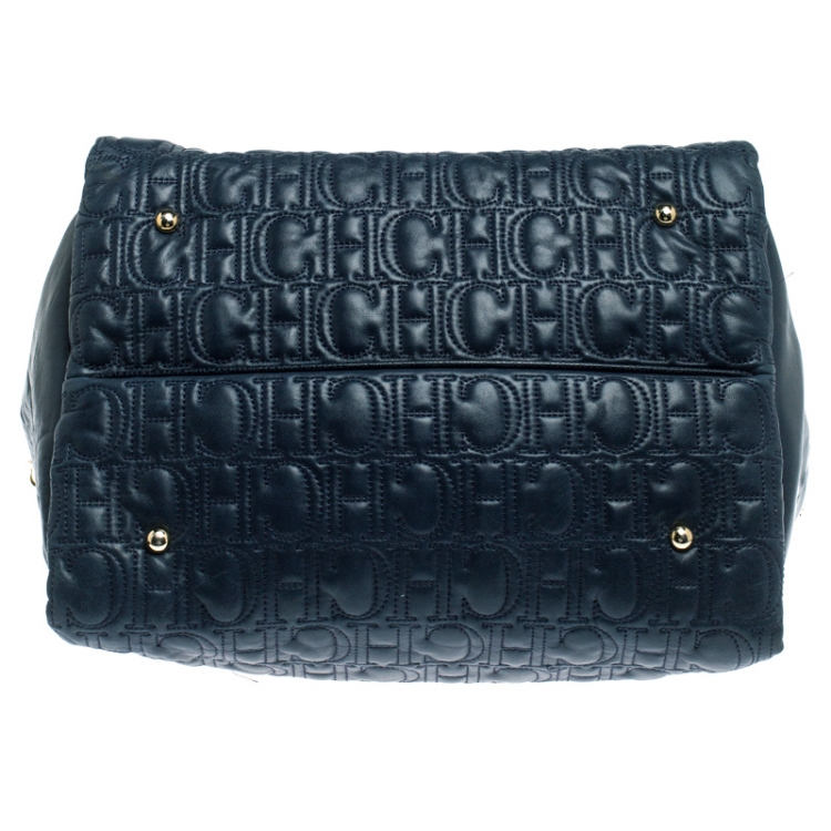 Pre Owned Carolina Herrera Navy Blue Monogram Leather Tote