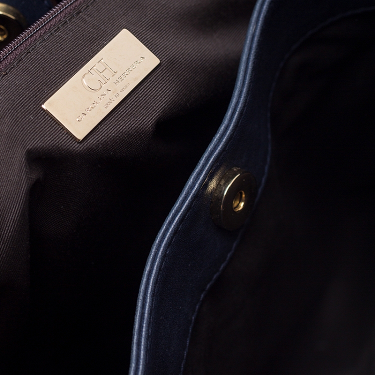 Pre Owned Carolina Herrera Navy Blue Monogram Leather Tote