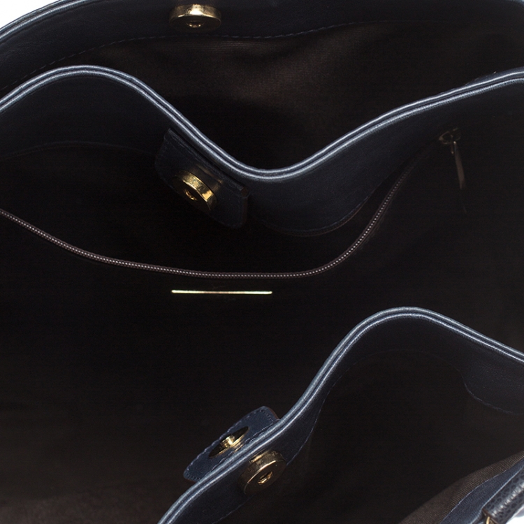 Pre Owned Carolina Herrera Navy Blue Monogram Leather Tote